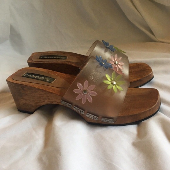 Candies Jelly Clog Clear Wooden Slide Sandal VTG Floral Chunky Womens Size 6 - Picture 4 of 8